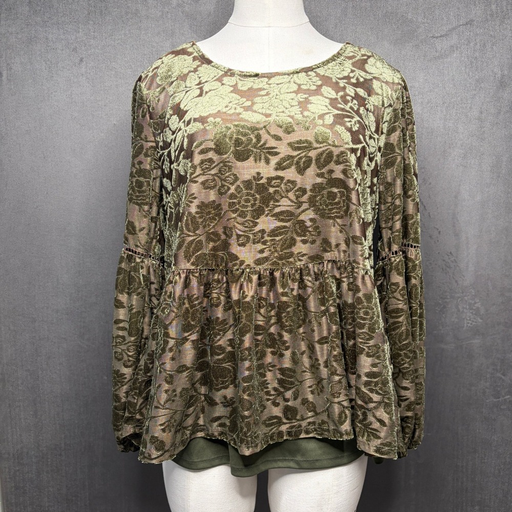 Vtg Y2K Peplum Top Womens L Olive Velvet Burnout 2Pc Sheer Floral Fairy Cottage